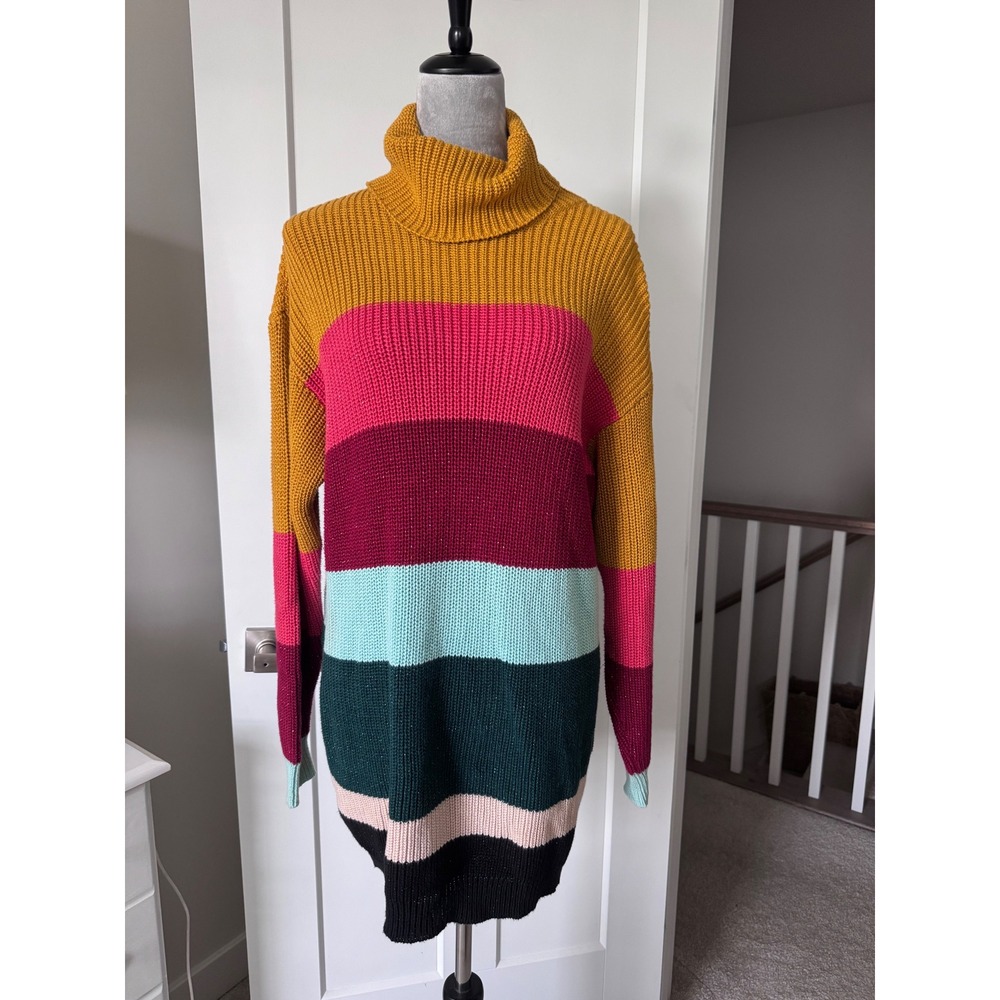 Farm Rio Anthropologie Striped Lurex Turtleneck Sweater Mustard Pink Green M